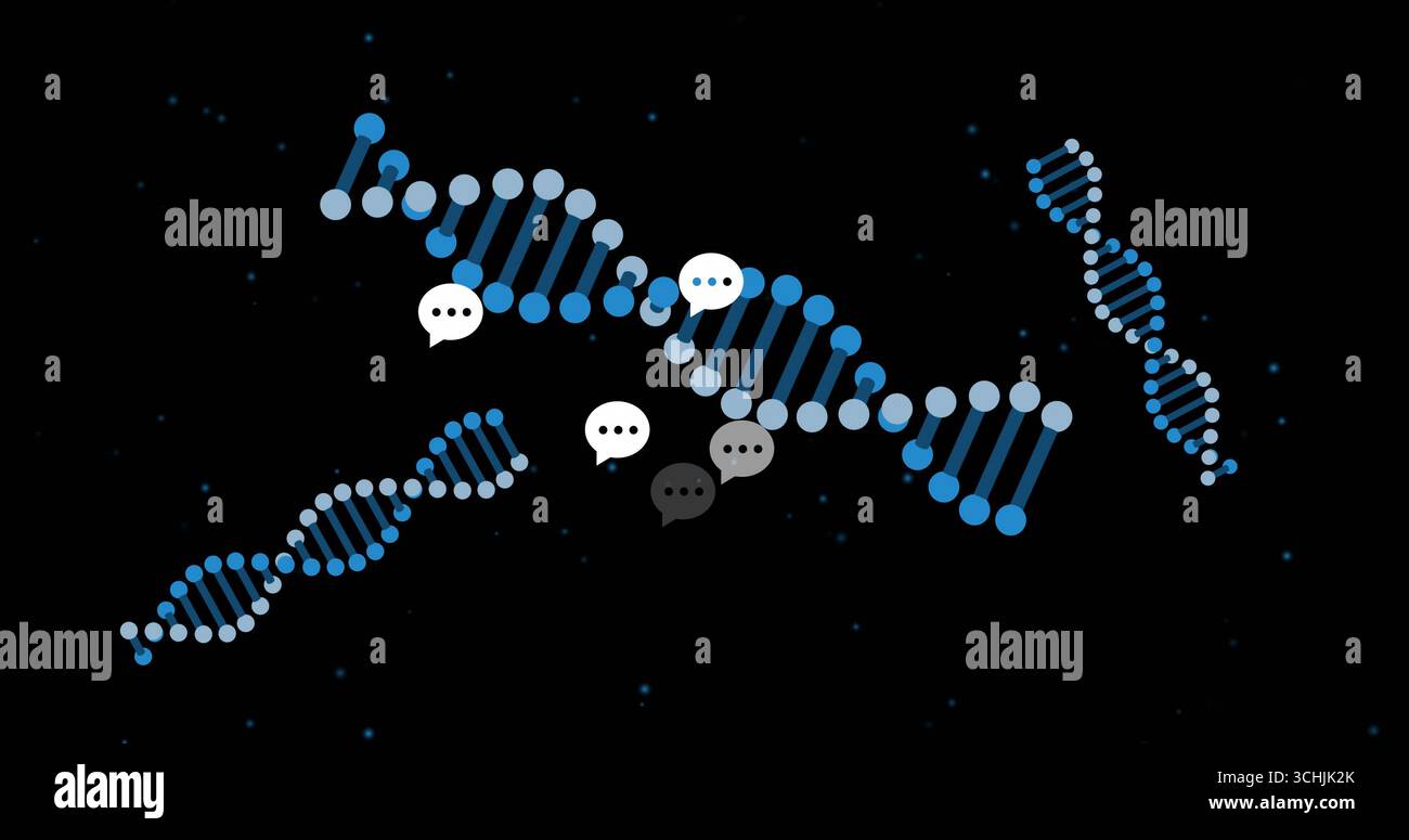Double hélice centrale flottante d'ADN connectant des hélices plus petites dans l'espace numérique, avec des bulles de parole Banque D'Images