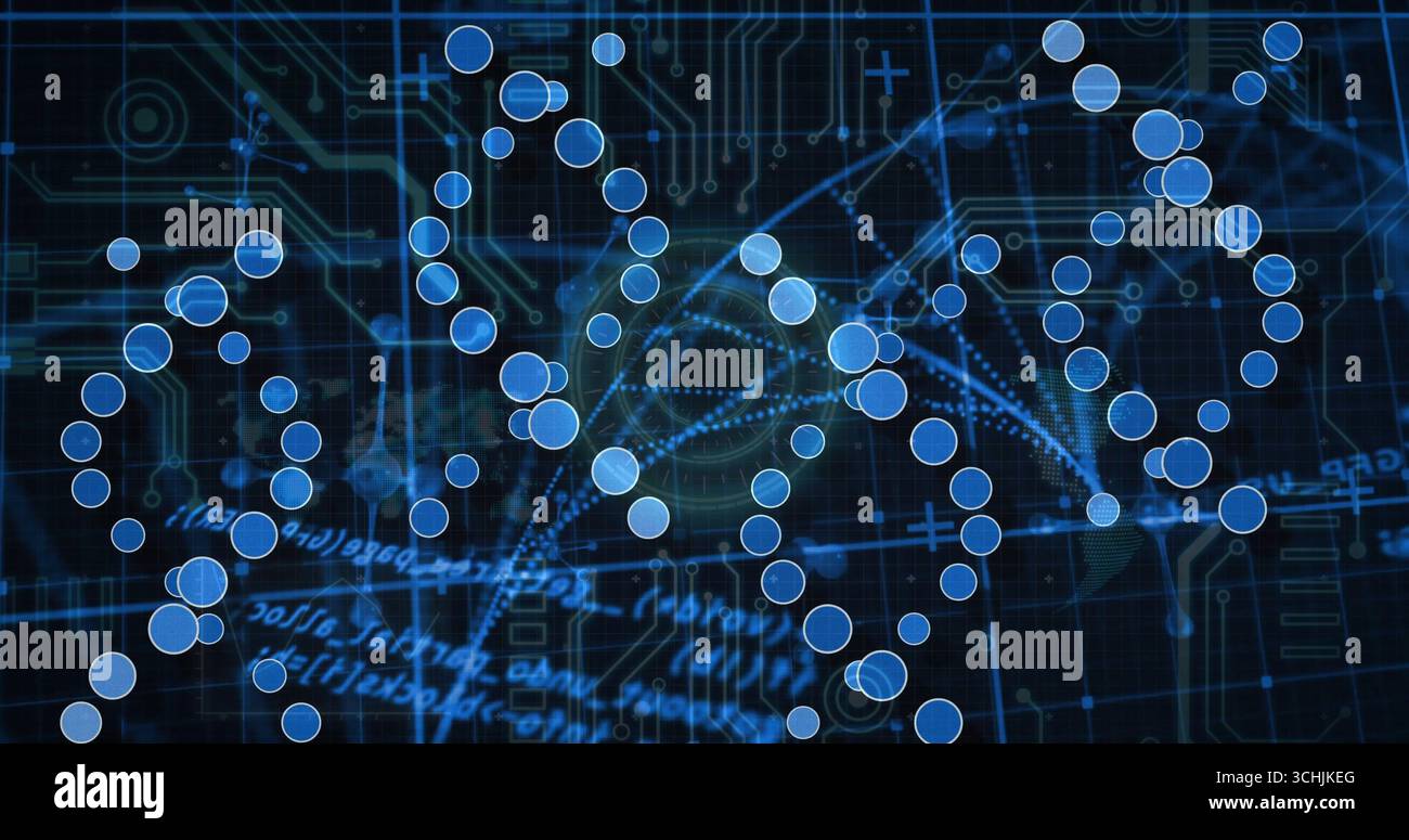 Affichage de brins circulaires bleus translucides hélicoïdaux recouvrant une carte de circuit imprimé, avec des recouvrements de code Banque D'Images