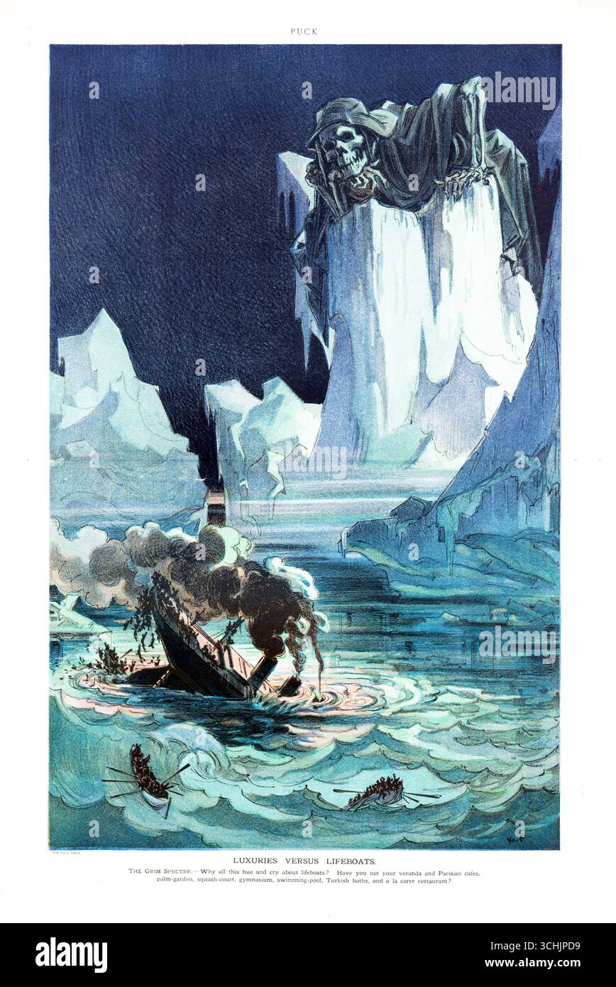 Luxes versus bateaux de sauvetage – Puck Magazine illustration d'un naufrage du Titanic, 1912 Banque D'Images
