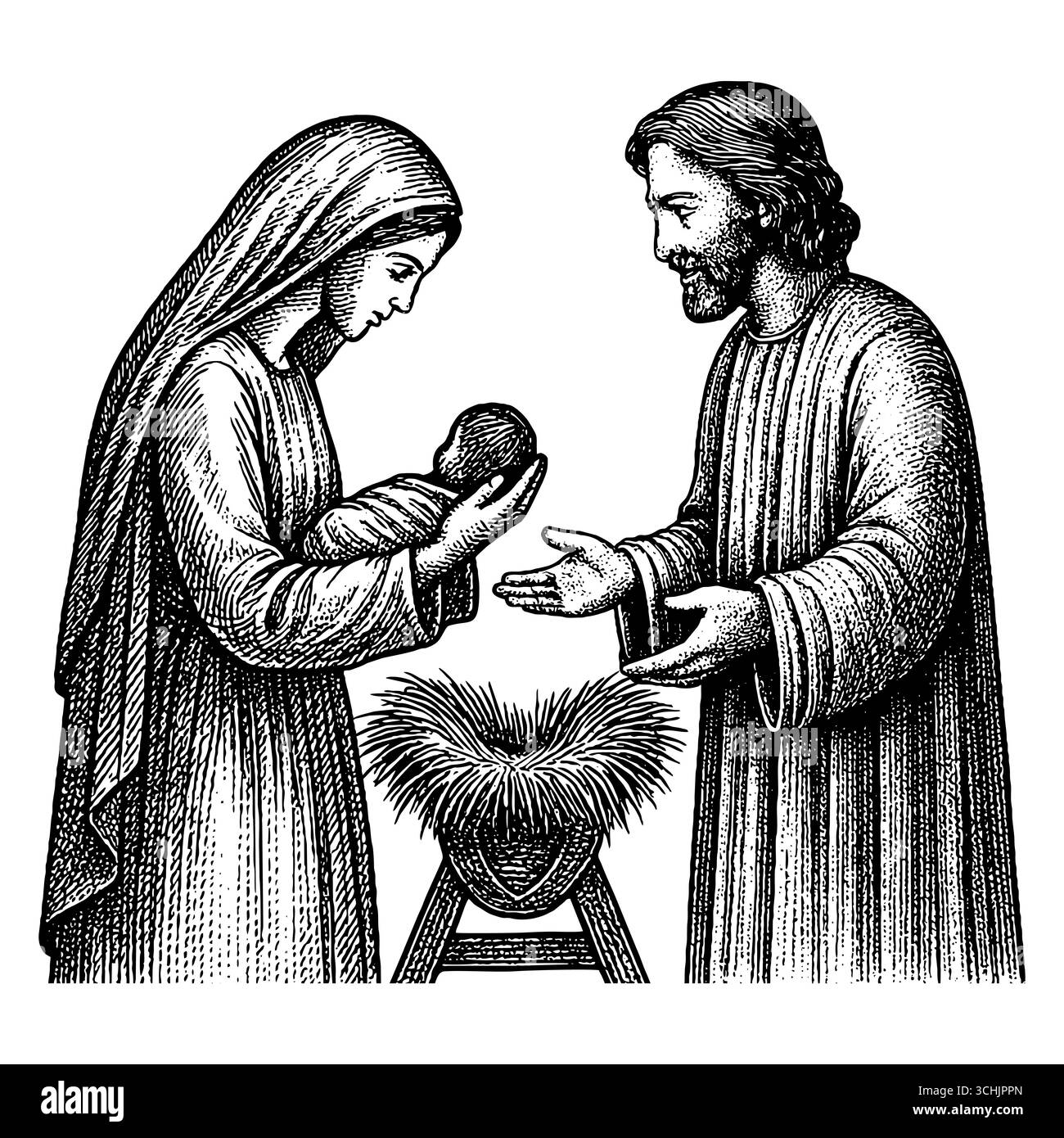 La nuit Sainte : Vierge Marie et Joseph regardant avec amour et vénération le nouveau-né Jésus dans la crèche, illuminé par la lumière divine du Illustration de Vecteur