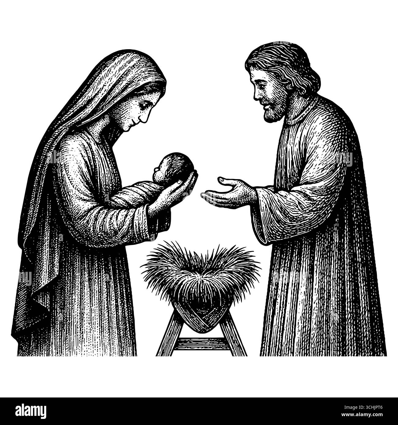 La nuit Sainte : Vierge Marie et Joseph regardant avec amour et vénération le nouveau-né Jésus dans la crèche, illuminé par la lumière divine du Illustration de Vecteur