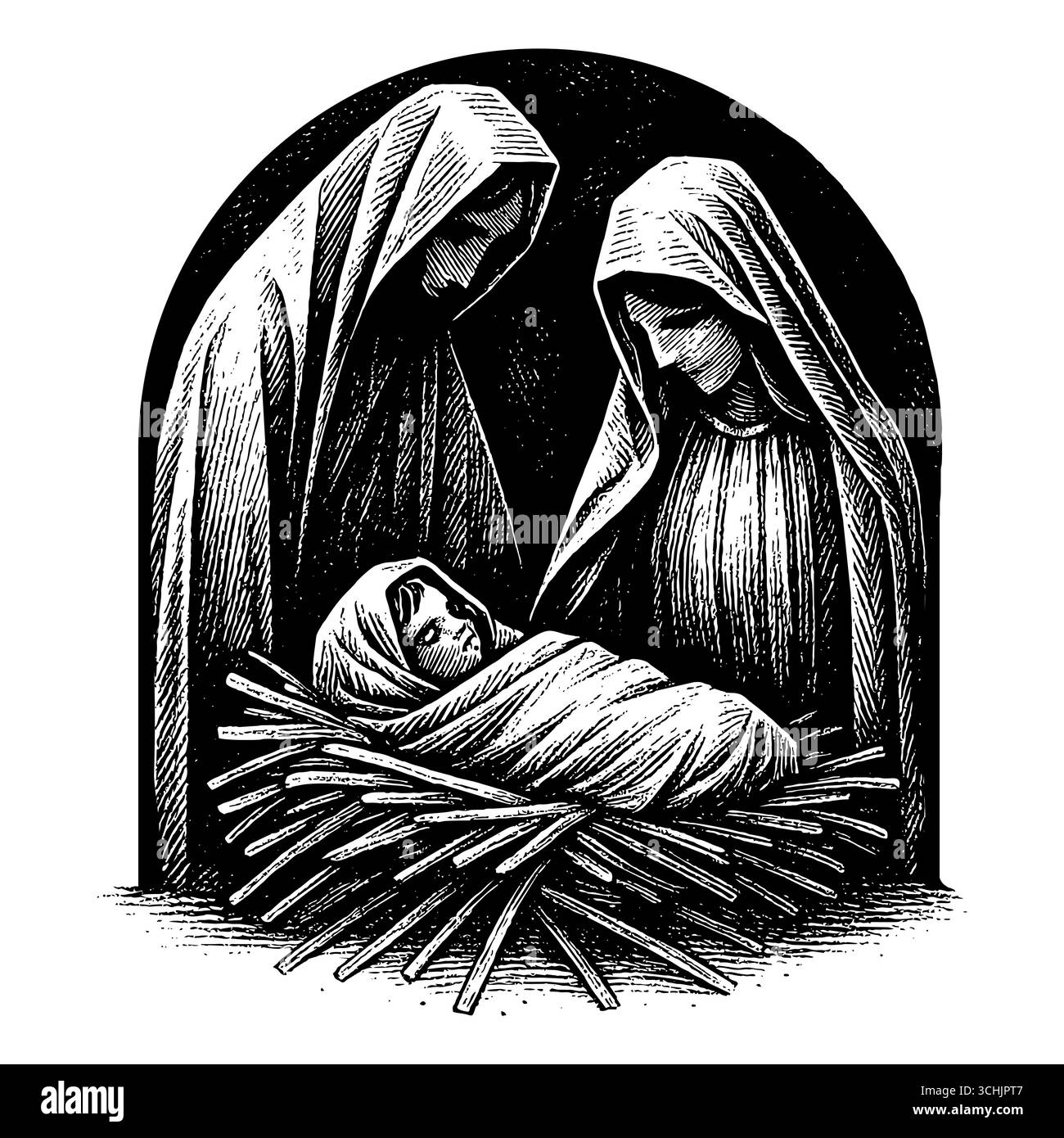 La nuit Sainte : Vierge Marie et Joseph regardant avec amour et vénération le nouveau-né Jésus dans la crèche, illuminé par la lumière divine du Illustration de Vecteur