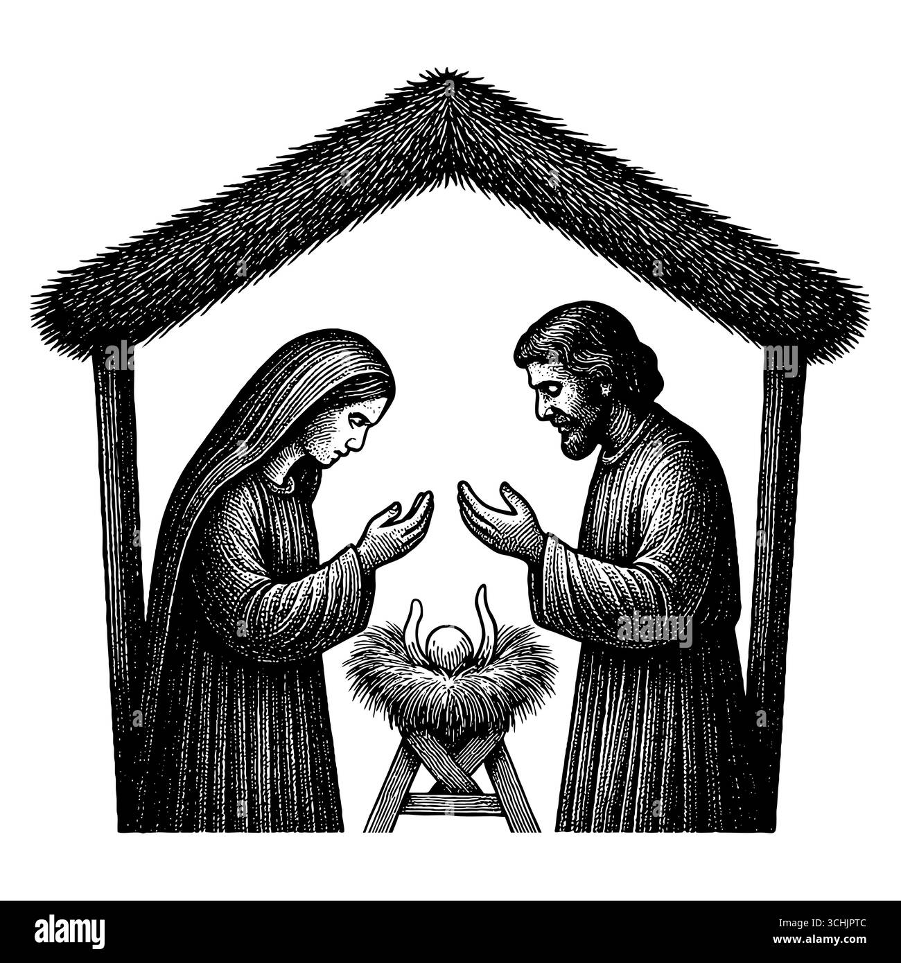 La nuit Sainte : Vierge Marie et Joseph regardant avec amour et vénération le nouveau-né Jésus dans la crèche, illuminé par la lumière divine du Illustration de Vecteur