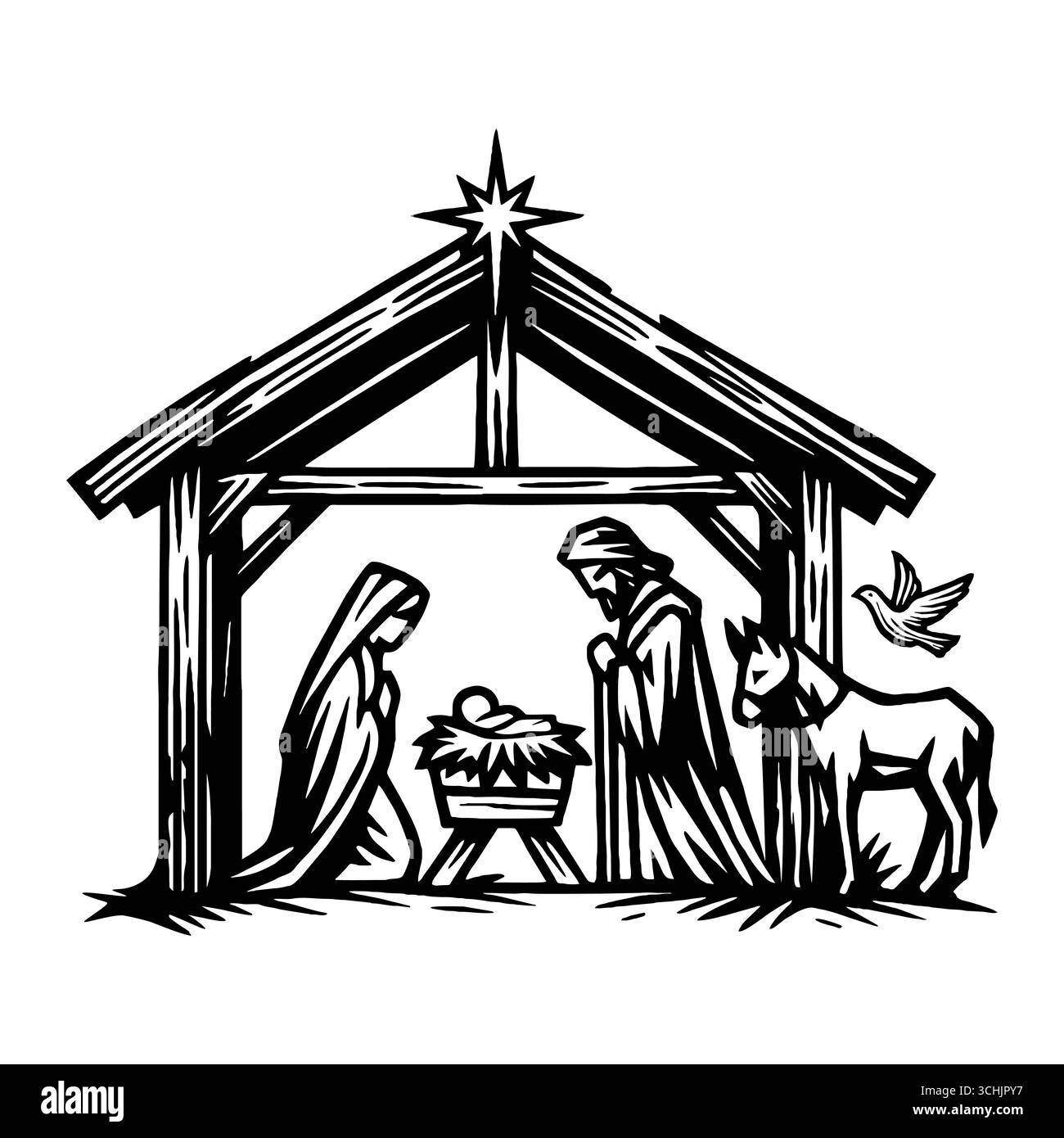 La nuit Sainte : Vierge Marie et Joseph regardant avec amour et vénération le nouveau-né Jésus dans la crèche, illuminé par la lumière divine du Illustration de Vecteur