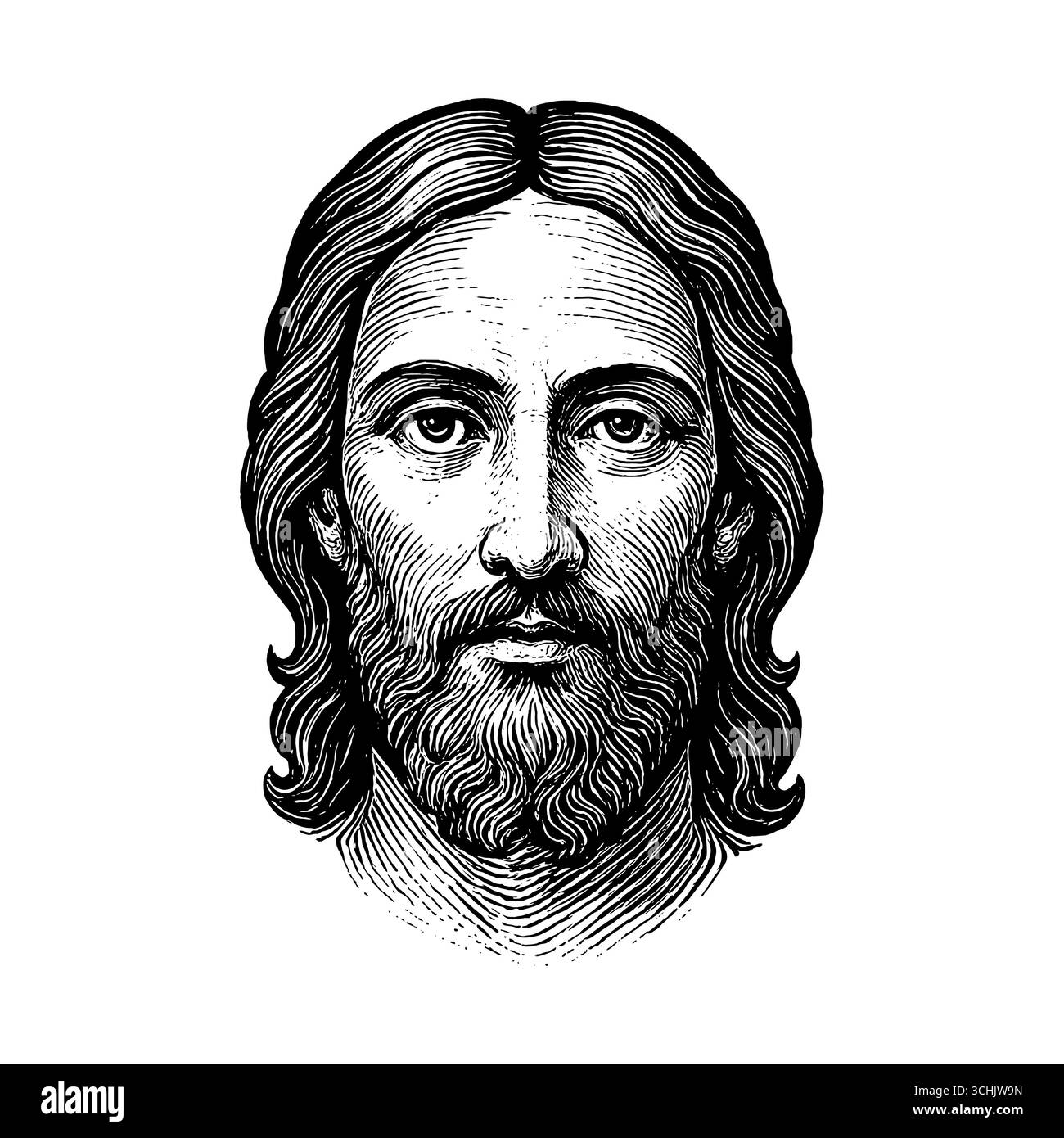 Une représentation fictive du visage du Rédempteur et Sauveur Jésus-Christ, dessinée à la main dans un style de gravure Illustration de Vecteur