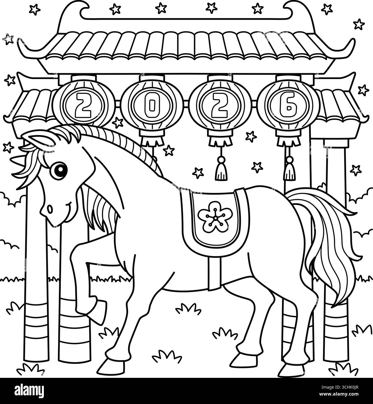 Année du cheval dans la coloration de porte chinoise avant Illustration de Vecteur