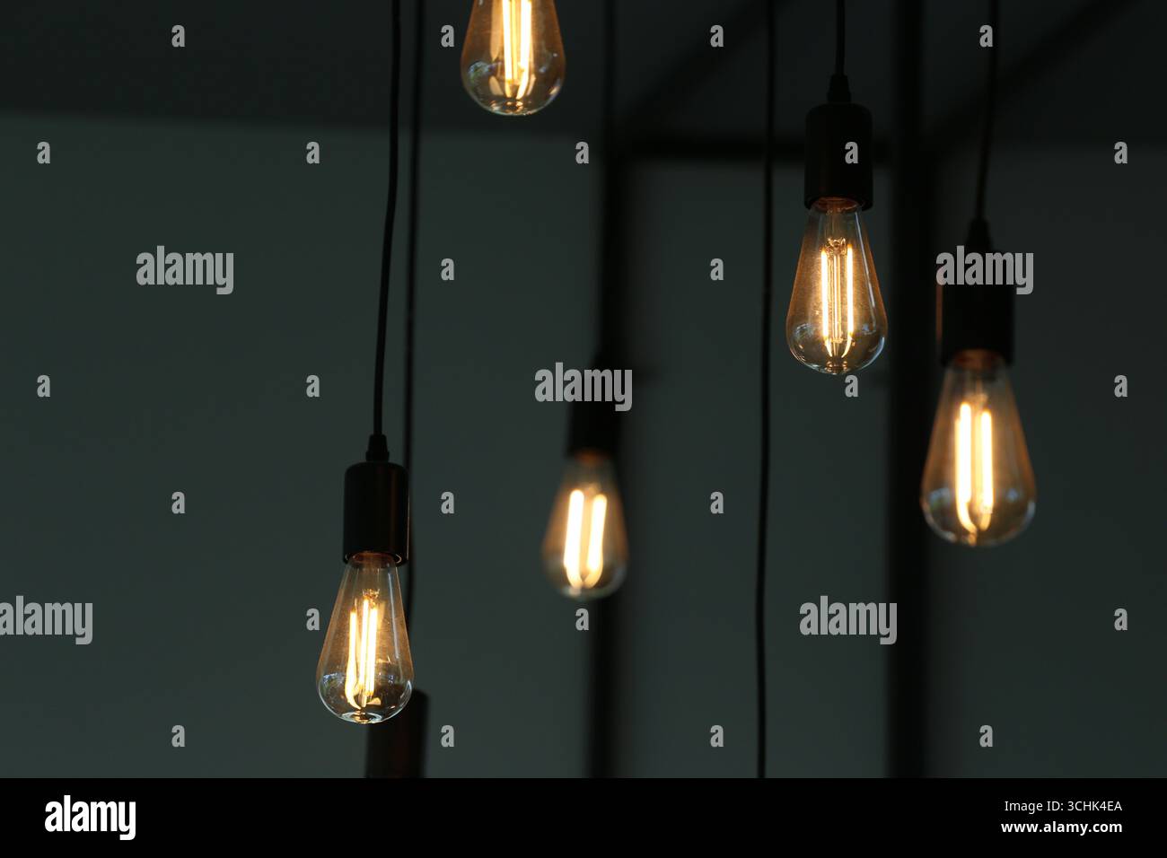 Une collection d'ampoules vintage suspendues dans un arrangement captivant, parfait pour améliorer n'importe quel intérieur avec un éclairage chaleureux et desi élégant Banque D'Images