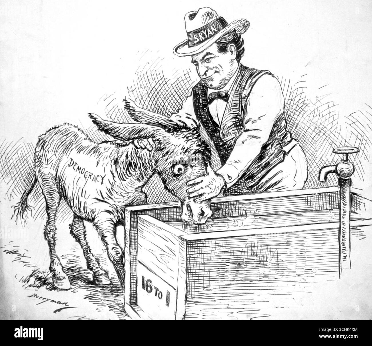 Cette illustration intitulée « Can He Make the animal Drink ? », du caricaturiste Clifford Berryman, parue dans le Washington Post le 6 mai 1900, montre William Jennings Bryan essayant de faire une autre offre présidentielle basée sur la question de l'argent libre, représentée par le ratio argent/or de 16 pour 1, qu'il préconise fortement. Banque D'Images