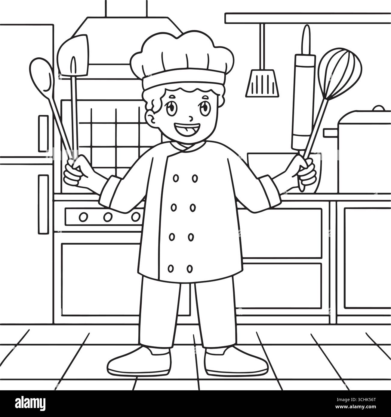 Chef masculin avec ustensiles de cuisine coloriage Illustration de Vecteur