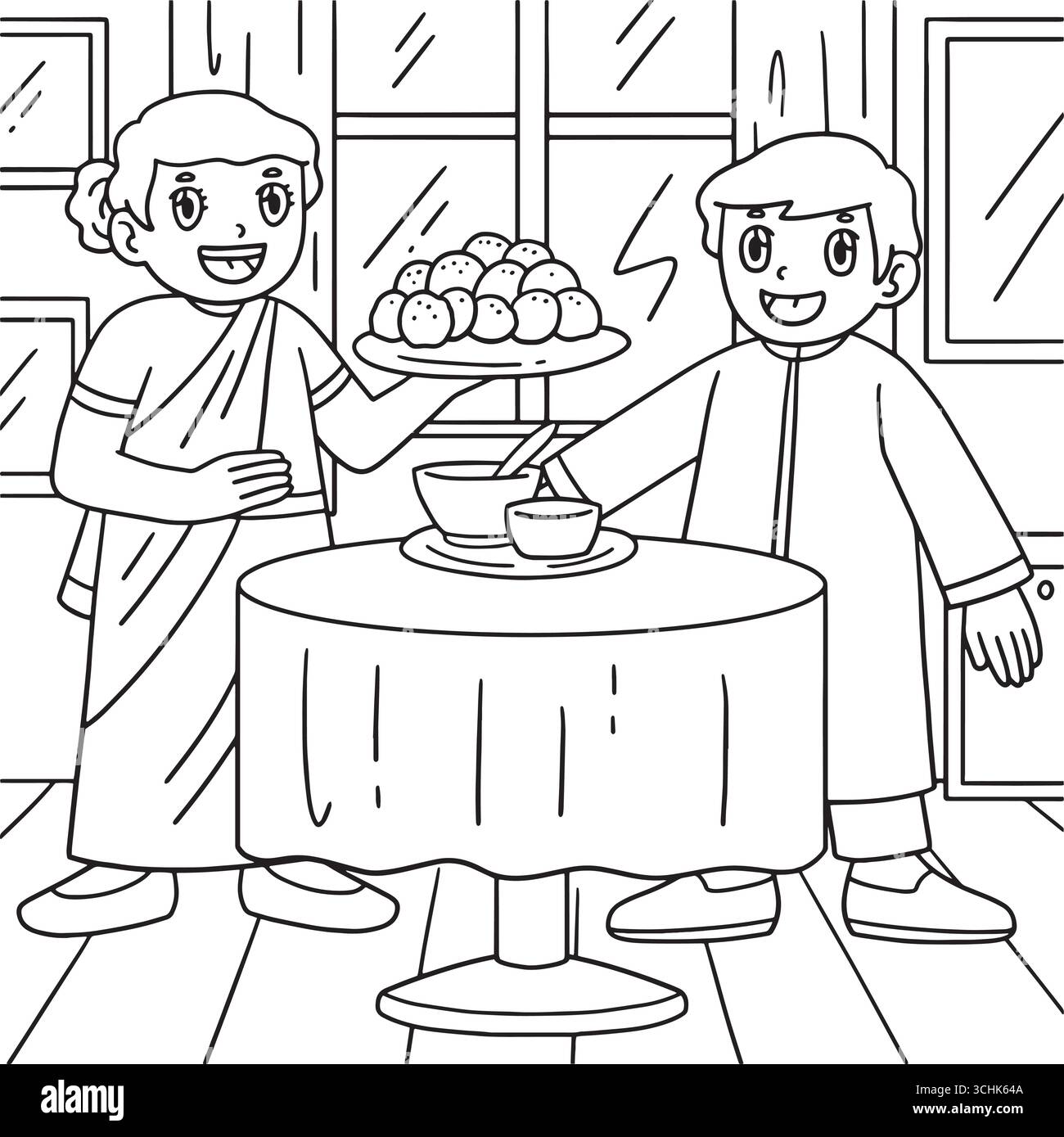 Raksha Bandhan frère et sœur avec de la nourriture sur la table Coloriage Illustration de Vecteur