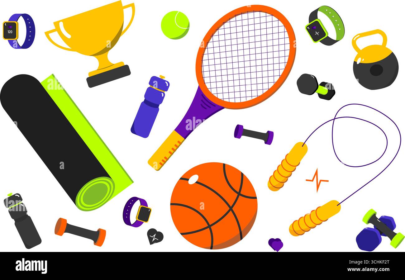 L'invention concerne des équipements de fitness et des articles de sport disposés dans un présentoir vibrant pour promouvoir un style de vie actif Illustration de Vecteur