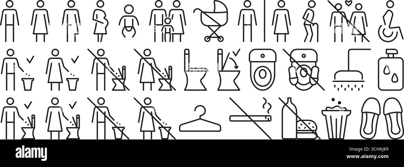 Jeu d'icônes WC ligne noire. Panneaux classiques pour toilettes publiques. Symboles vectoriels linéaires pour toilettes. Paquet monochrome de pictogramme de contour pour femme et marque Illustration de Vecteur