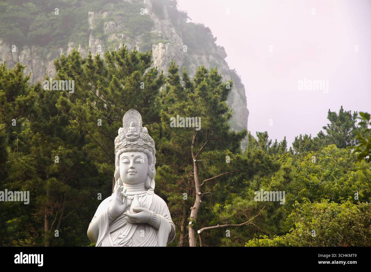 Une statue sereine de Bodhisattva se dresse parmi les pins sous les falaises de la montagne Sanbang au temple Bomunsa à Seogwipo, les mains levées dans un geste d'enseignement comme Banque D'Images