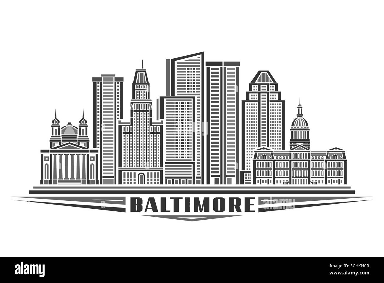 Illustration vectorielle de Baltimore, carte horizontale monochrome avec design linéaire célèbre paysage de ville de baltimore, concept urbain d'art de ligne avec le décoratif Illustration de Vecteur
