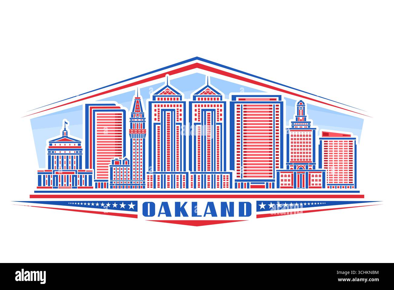 Illustration vectorielle d'Oakland, signe décoratif horizontal avec design linéaire paysage de ville d'oakland sur fond de ciel de jour, conception nationale d'art de ligne urbaine Illustration de Vecteur