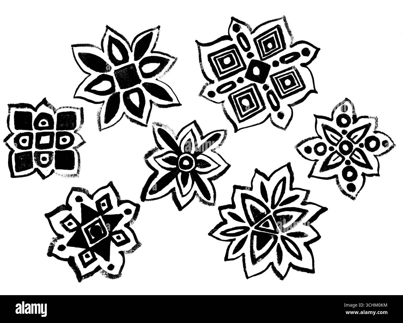 Ensemble de fleurs ornementales stylisées. Couleur noire, différentes nuances. Aquarelle. Ornement géométrique. Losanges, cercles, triangles, pétales, lignes. Chaot Banque D'Images