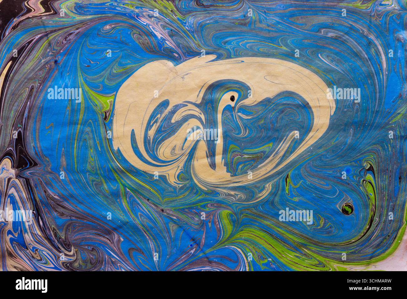 Image illustrée verte et bleue réalisée par la peinture d'enfant sur l'eau dans l'art de l'èbre Banque D'Images