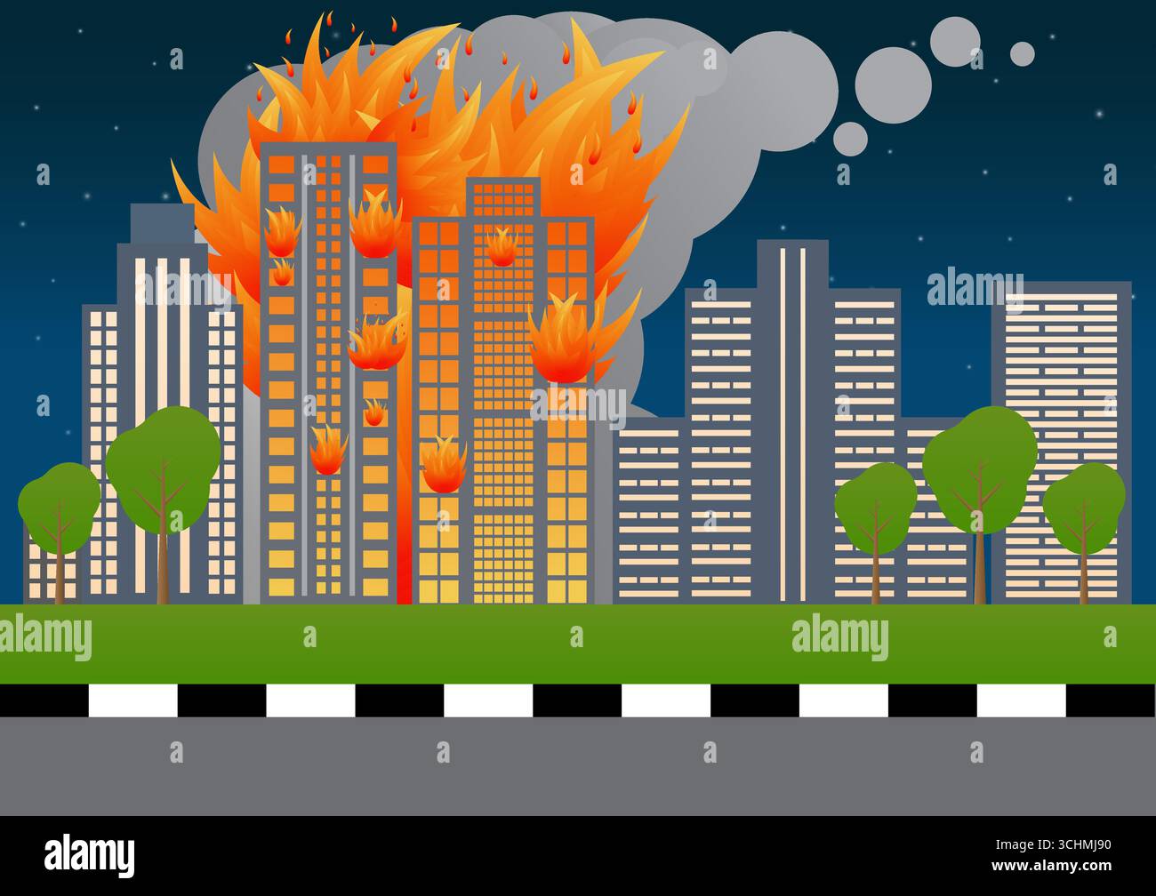 Construire sur le feu. Bâtiment brûlant. Gratte-ciel en feu de guerre, tremblement de terre, explosion de bombe. Illustration vectorielle. Illustration de Vecteur