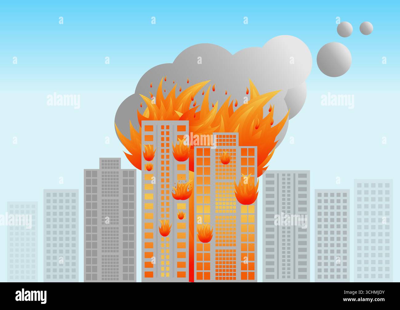 Construire sur le feu. Bâtiment brûlant. Gratte-ciel en feu de guerre, tremblement de terre, explosion de bombe. Illustration vectorielle. Illustration de Vecteur