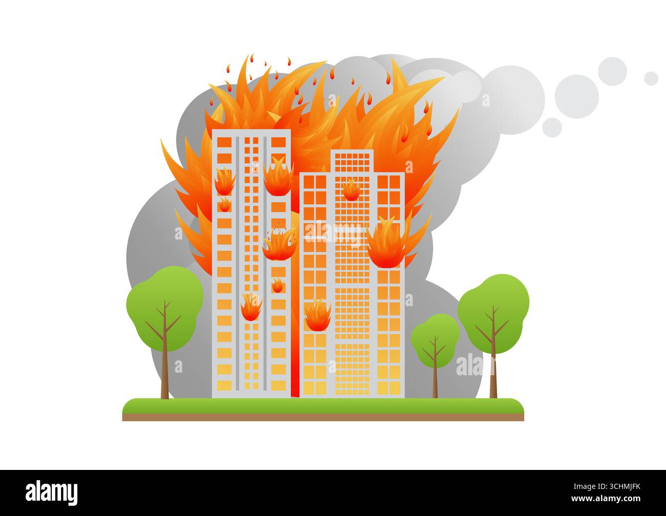 Construire sur le feu. Bâtiment brûlant. Gratte-ciel en feu de guerre, tremblement de terre, explosion de bombe. Illustration vectorielle. Illustration de Vecteur