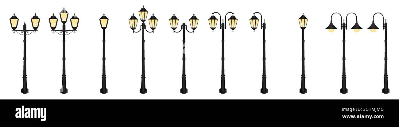 Jeu de lampadaires. Poteau de réverbère vintage. Illustration vectorielle isolée sur fond blanc. Illustration de Vecteur