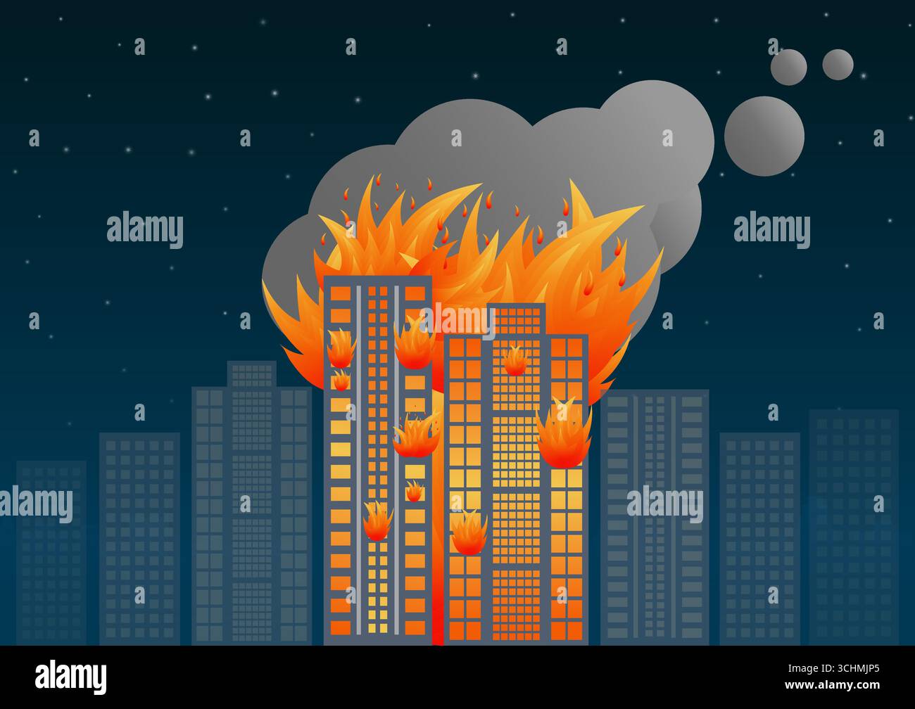 Construire sur le feu. Bâtiment brûlant. Gratte-ciel en feu de guerre, tremblement de terre, explosion de bombe. Illustration vectorielle. Illustration de Vecteur