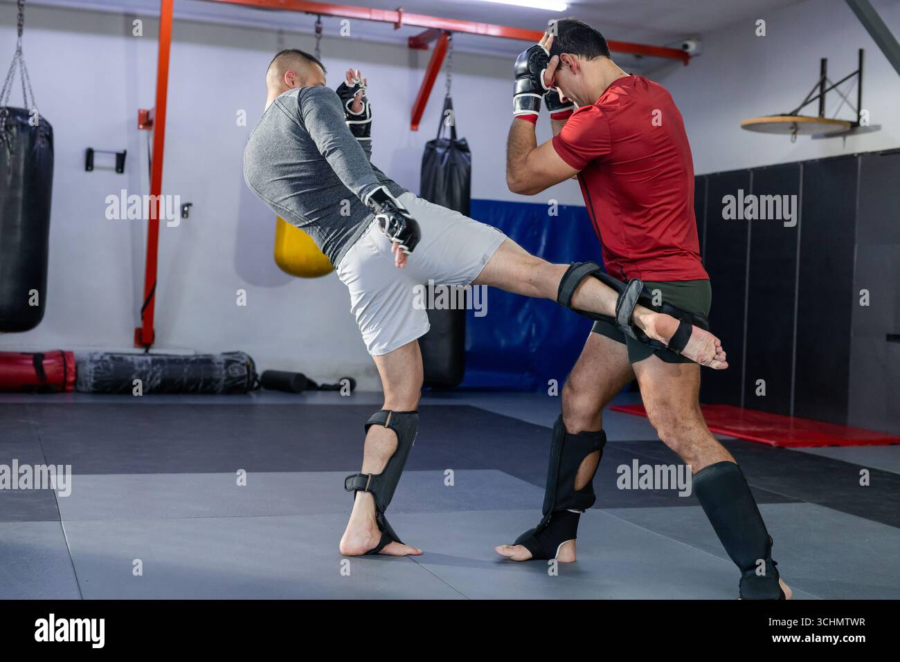 Divers partenaires masculins de sparring exécutant des coups de pied ronds, bloquez avec des gants à la salle de gym d'arts martiaux Banque D'Images