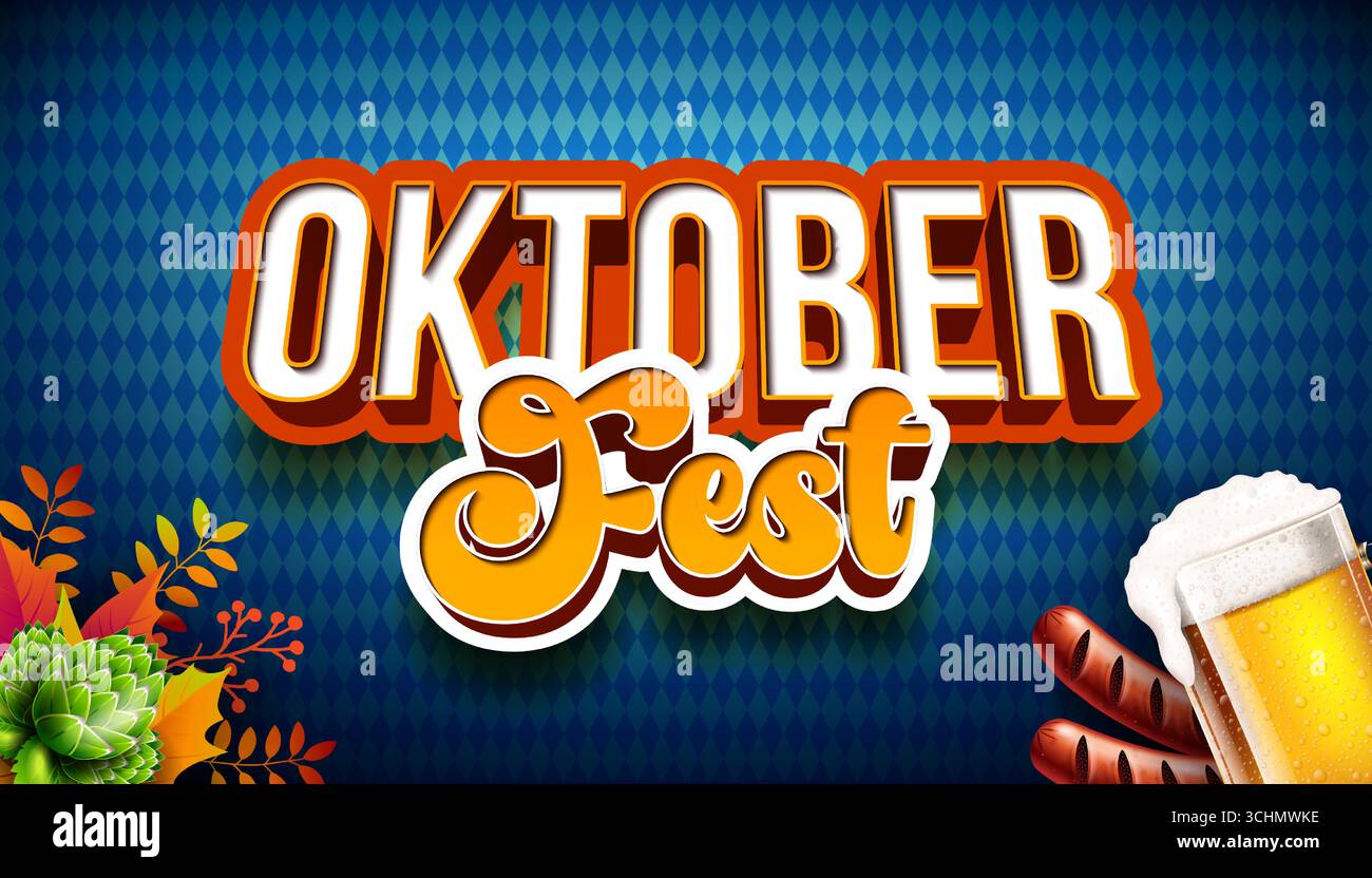 Illustration de bannière Oktoberfest avec lettrage typographique 3d, bière fraîche et saucisse sur fond de motif de drapeau de Bavière. Vecteur allemand traditionnel Illustration de Vecteur
