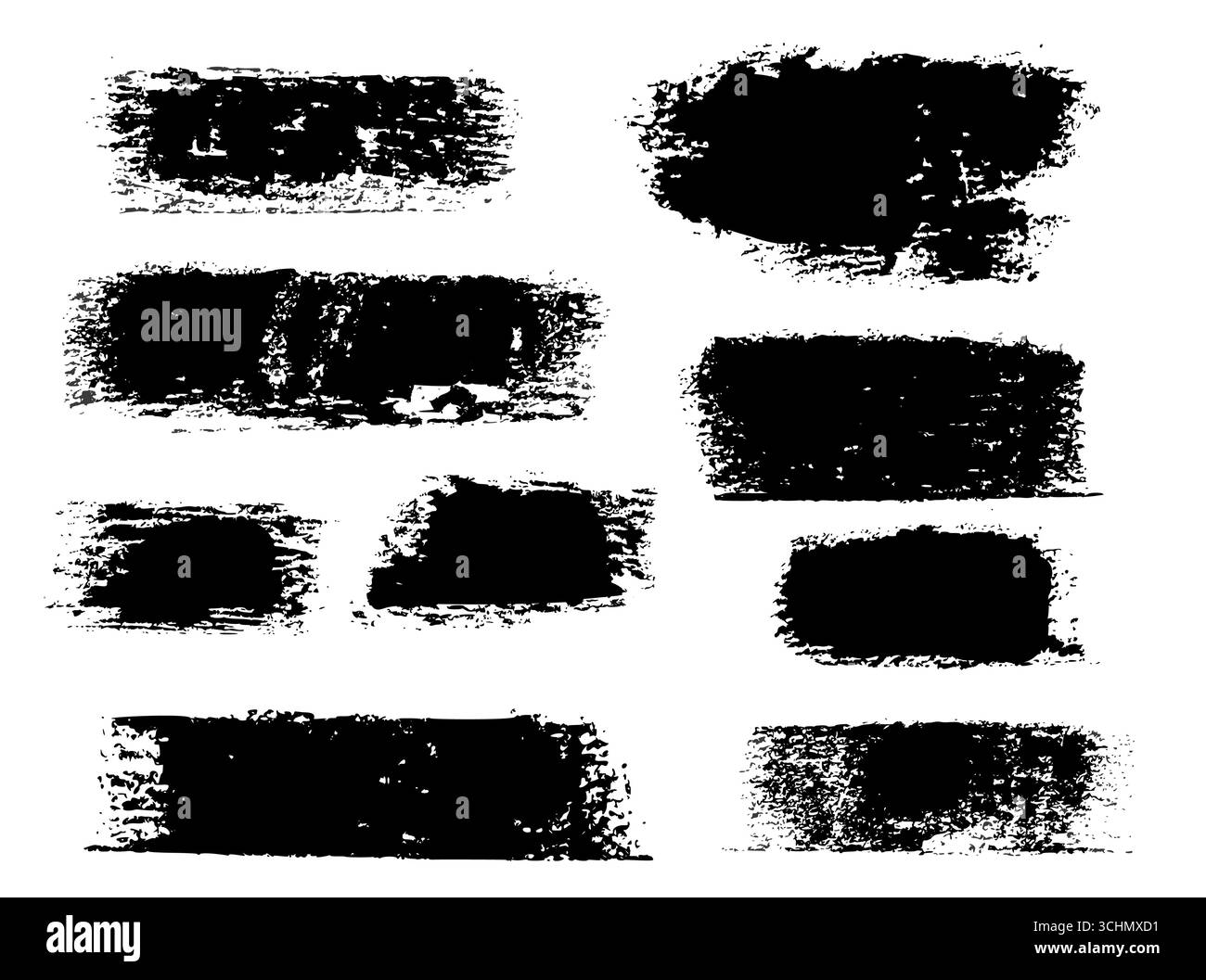 Collection de coups de pinceau rouleau avec des textures de peinture noire sur fond blanc pour la conception grunge et les projets artistiques. Rectangles à encre rugueuse avec bords déformés pour affiches vintage ou graphiques urbains. Illustration de Vecteur