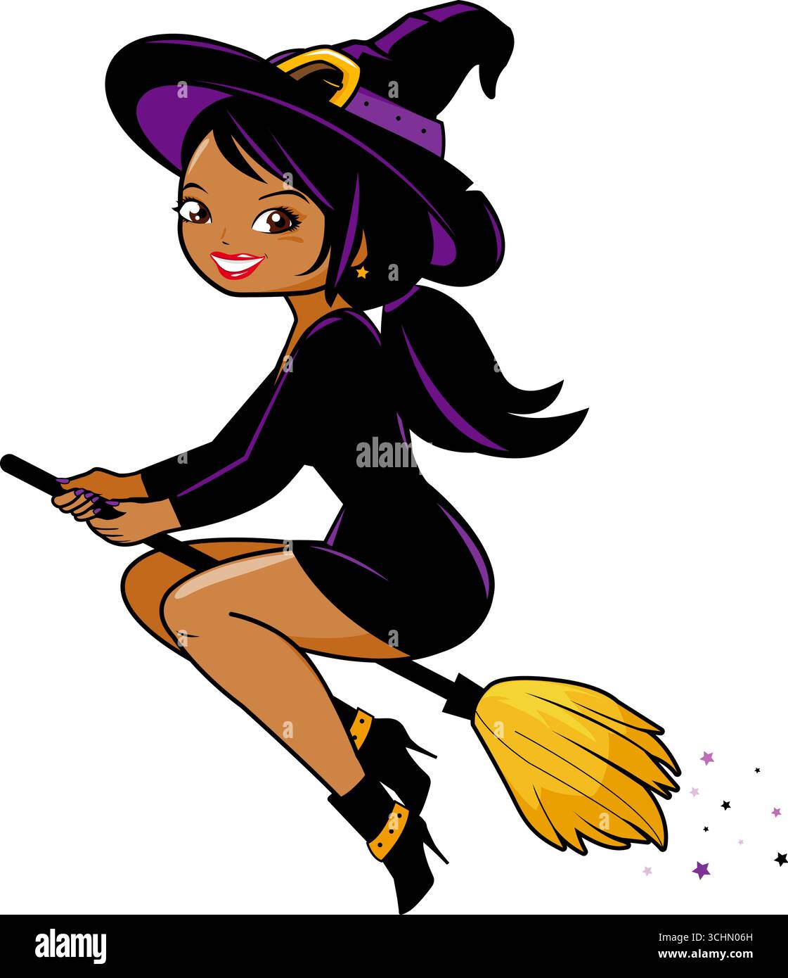 Joyeuse femme sorcière d'Halloween de dessin animé volant avec balai magique. Trick ou traiter jolie sorcière avec un costume effrayant mignon. Illustration vectorielle Illustration de Vecteur
