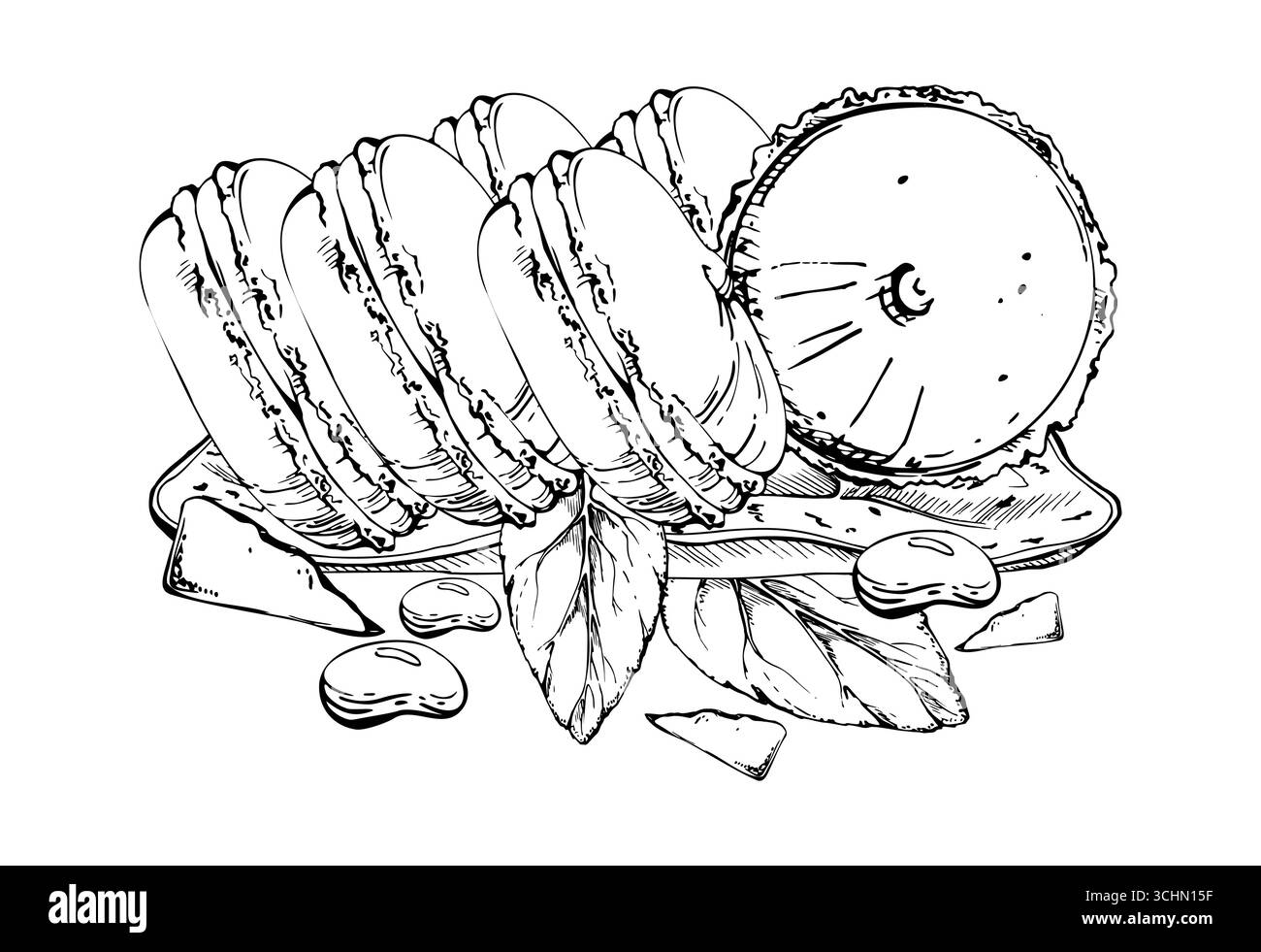 Macarons délicats aux brins de menthe, chapelure de chocolat, dragées au cacao sur plateau de service en céramique. Illustration isolée de dessert à l'encre vectorielle. Petit déjeuner bio Illustration de Vecteur