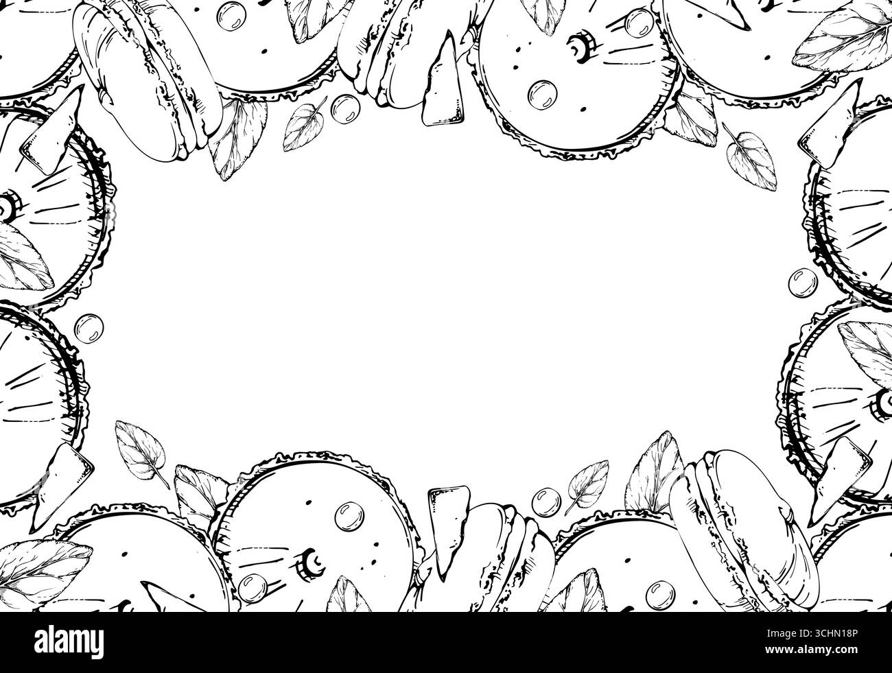 Rangée de tartes à la lune, biscuits au macaron garnis de menthe, pépites de chocolat, dragées de bonbons. Illustration isolée dessinée à la main à l'encre vectorielle. Bordure de produit sucré Illustration de Vecteur