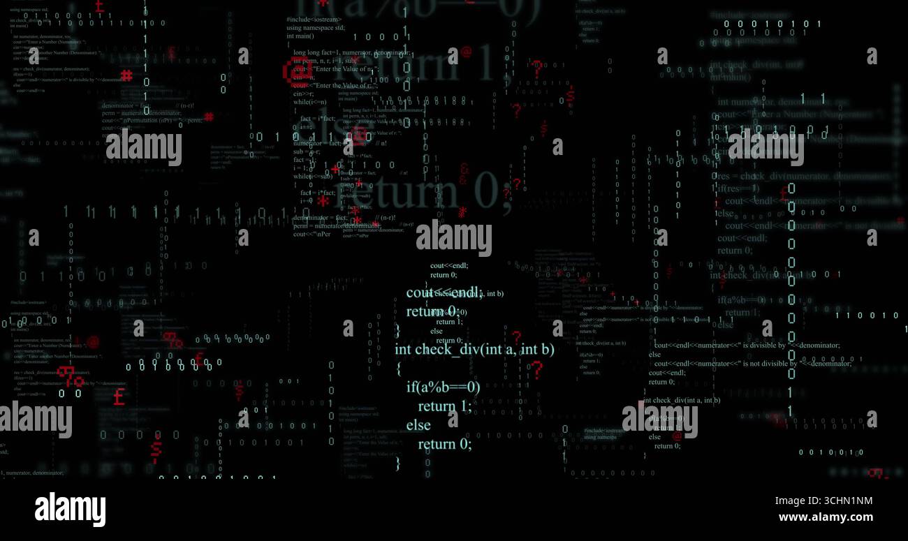Affichage de l'extrait de fonction C++ flottant sur le terminal de console sombre, avec le thème de codage de chiffres binaires Banque D'Images