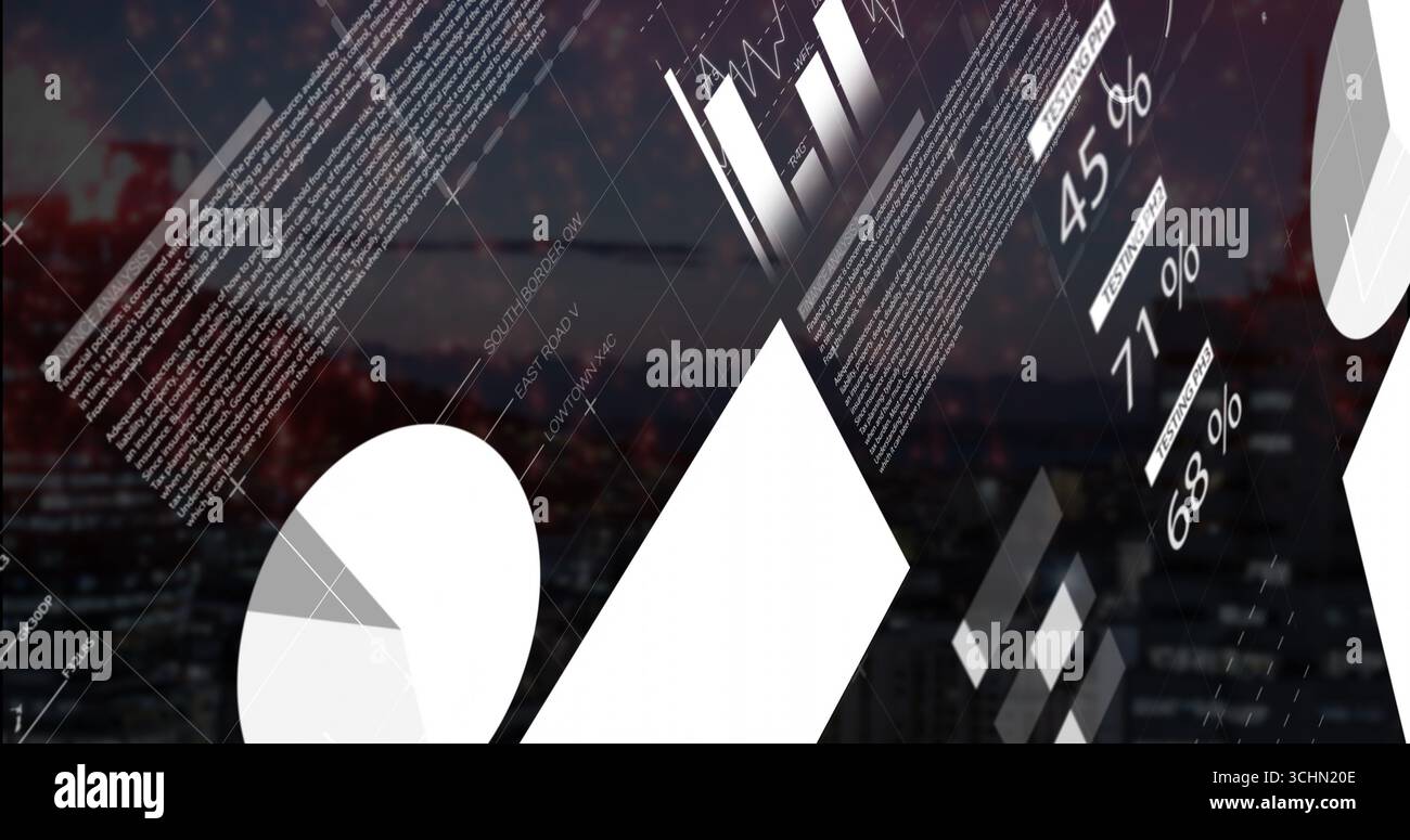 Affichage d'un panneau en losange blanc au-dessus de l'horizon de la ville au crépuscule, avec des segments de graphique circulaire et des graphiques à barres Banque D'Images