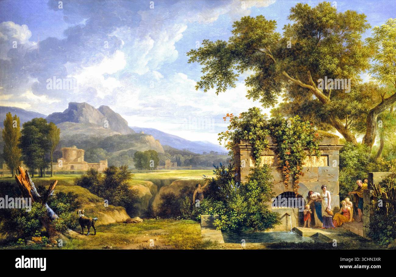 Pierre-Henri de Valenciennes, paysage classique avec des figures buvant près d'une fontaine, peinture à l'huile sur toile, 1806 Banque D'Images