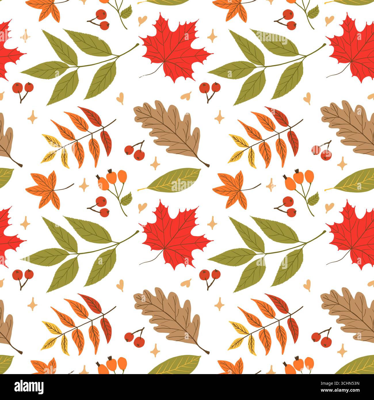 Motif d'automne sans couture avec un mélange de feuilles d'automne colorées et de baies rouges. Comprend des feuilles d'érable, de chêne, de châtaigne et de rowan dans des tons chauds de rouge Illustration de Vecteur