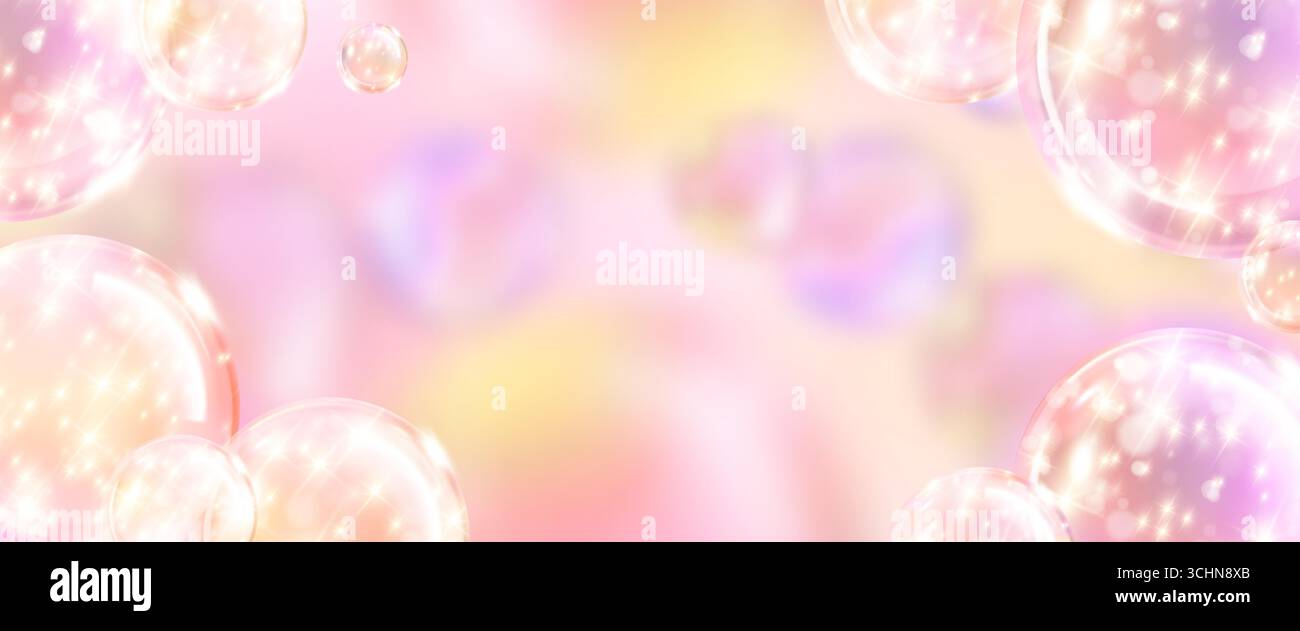 Fond de bulle scintillant avec dégradé rose pastel et sphères de savon translucides pour des designs de rêve. Lumières bokeh douces et orbes irisés. Effet lumineux délicat pour la beauté ou les thèmes de célébration. Illustration de Vecteur