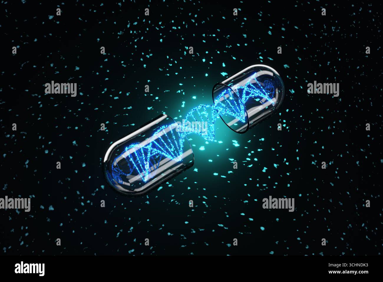 Brin d'ADN brillant bleu à l'intérieur d'une capsule transparente ouverte sur un fond sombre dispersé de particules. Développement pharmaceutique Banque D'Images