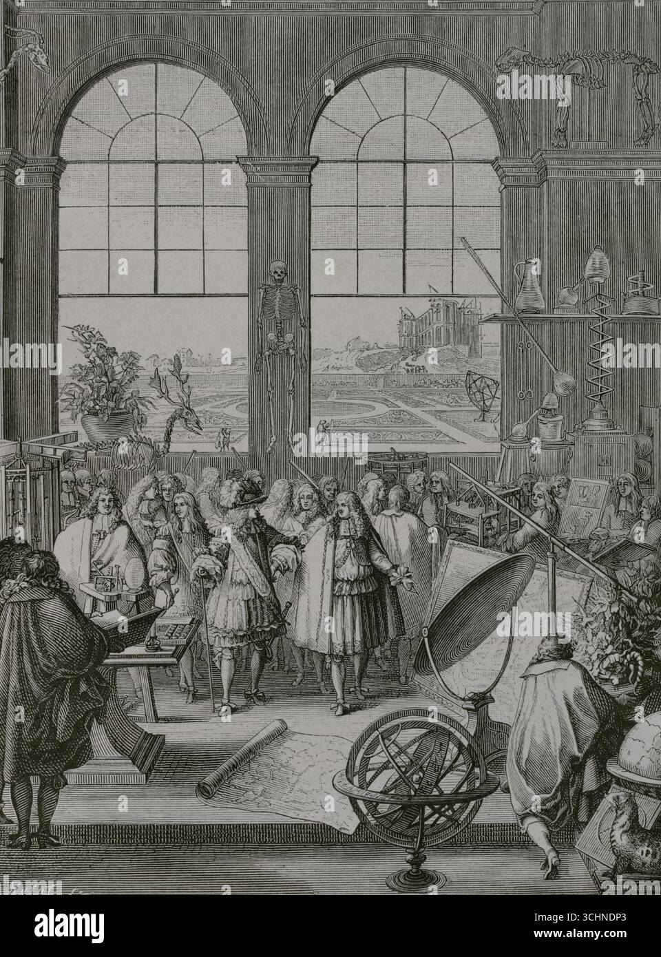 Paris, France. Le roi Louis XIV (1638-1715) et son entourage visitent l'Académie royale des sciences, créée en 1666. En arrière-plan, l'Observatoire de Paris, fondé en 1667, toujours en construction. Gravure de Huyot d'après Sébastien Leclerc (1637-1714). XVIIe siècle : lettres, sciences et arts, France 1590-1700 (XVIIe siècle : lettres, sciences et arts), par Paul Lacroix. Publié à Paris par librairie de Firmin-Didot et Cie, 1882. Banque D'Images Paris, France. Le roi Louis XIV (1638-1715) et son entourage visitent l'Académie royale des sciences, créée en 1666. En arrière-plan, l'Observatoire de Paris, fondé en 1667, toujours en construction. Gravure de Huyot d'après Sébastien Leclerc (1637-1714). XVIIe siècle : lettres, sciences et arts, France 1590-1700 (XVIIe siècle : lettres, sciences et arts), par Paul Lacroix. Publié à Paris par librairie de Firmin-Didot et Cie, 1882. Banque D'Images