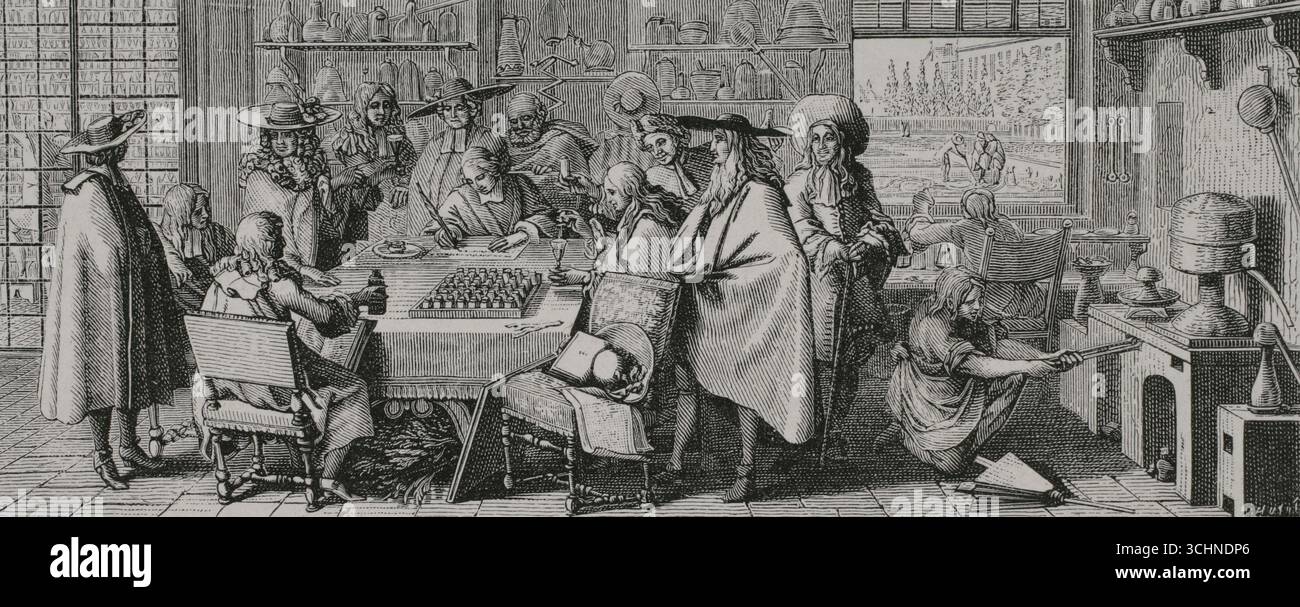 Paris, France. Session de l'Académie au jardin du Roi. Il a été créé en 1626. Gravure de Huyot d'après Sébastien Leclerc (1637-1714). XVIIe siècle : lettres, sciences et arts, France 1590-1700 (XVIIe siècle : lettres, sciences et arts), par Paul Lacroix. Publié à Paris par librairie de Firmin-Didot et Cie, 1882. Banque D'Images