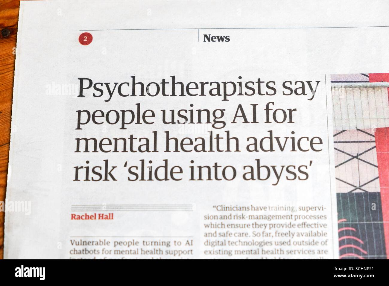 Les psychothérapeutes disent que les personnes utilisant l'IA pour des conseils de santé mentale risquent de "glisser dans l'abîme" article de titre du journal Guardian 30 août 2025 Londres Royaume-Uni Banque D'Images