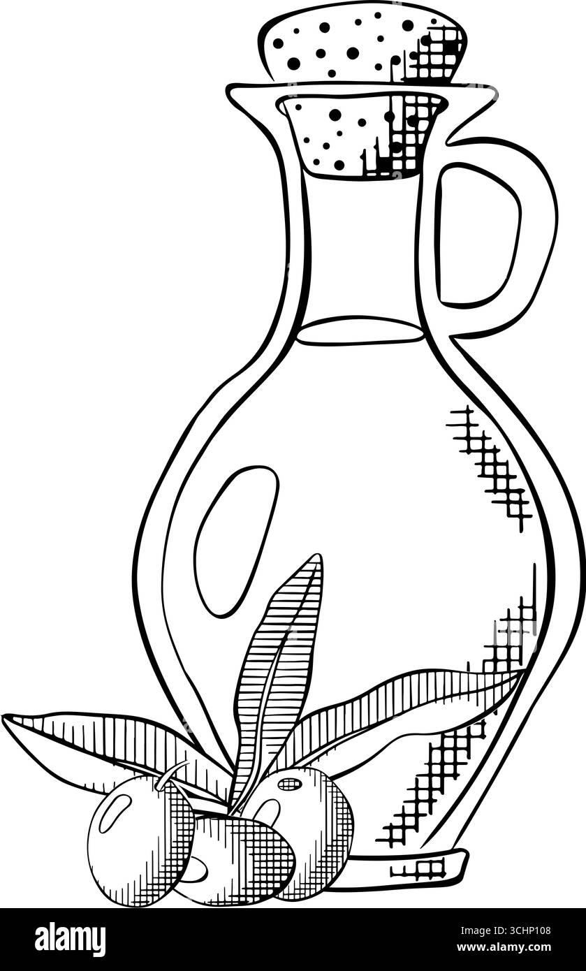 Composition de bouteille d'huile d'olive. Encre de ligne graphique vectorielle illustration noir et blanc. Huile d'olive, bouteille, branche, baies, feuilles vertes pour les bannières, prin Illustration de Vecteur