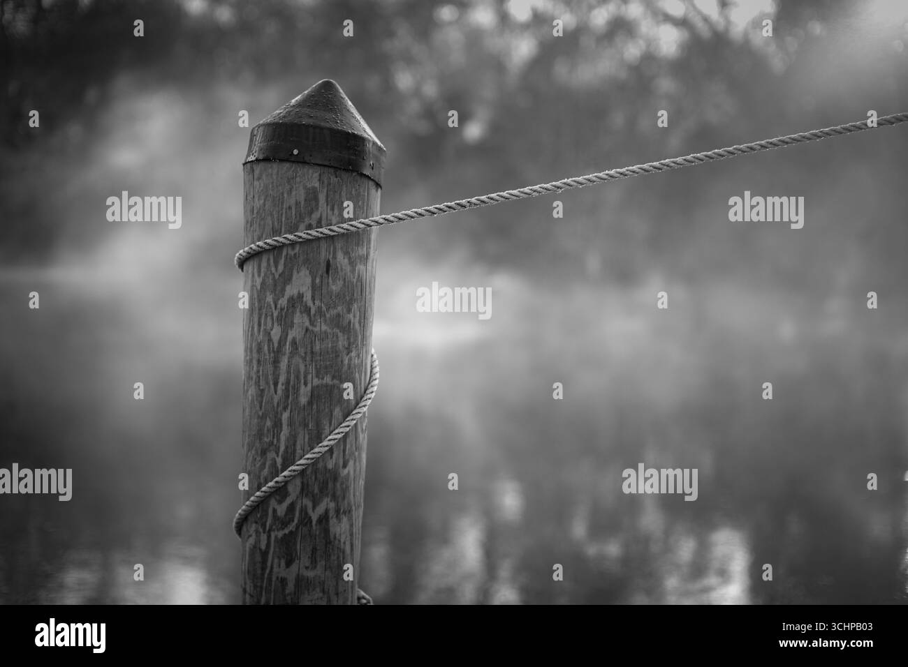 Corde enroulée autour d'un empilement fixant un bateau sur une rivière. Minimalisme noir et blanc. Banque D'Images