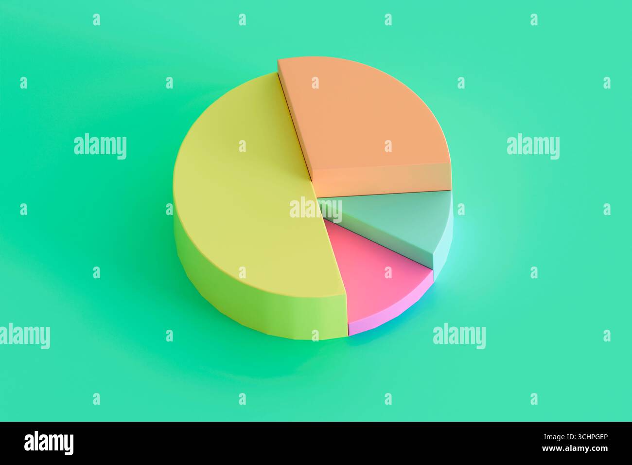 Graphique circulaire 3D vibrant avec cinq segments colorés sur un fond vert. Pas de personnes, idéal pour les affaires, la finance, l'analyse ou les visuels de présentation. Banque D'Images