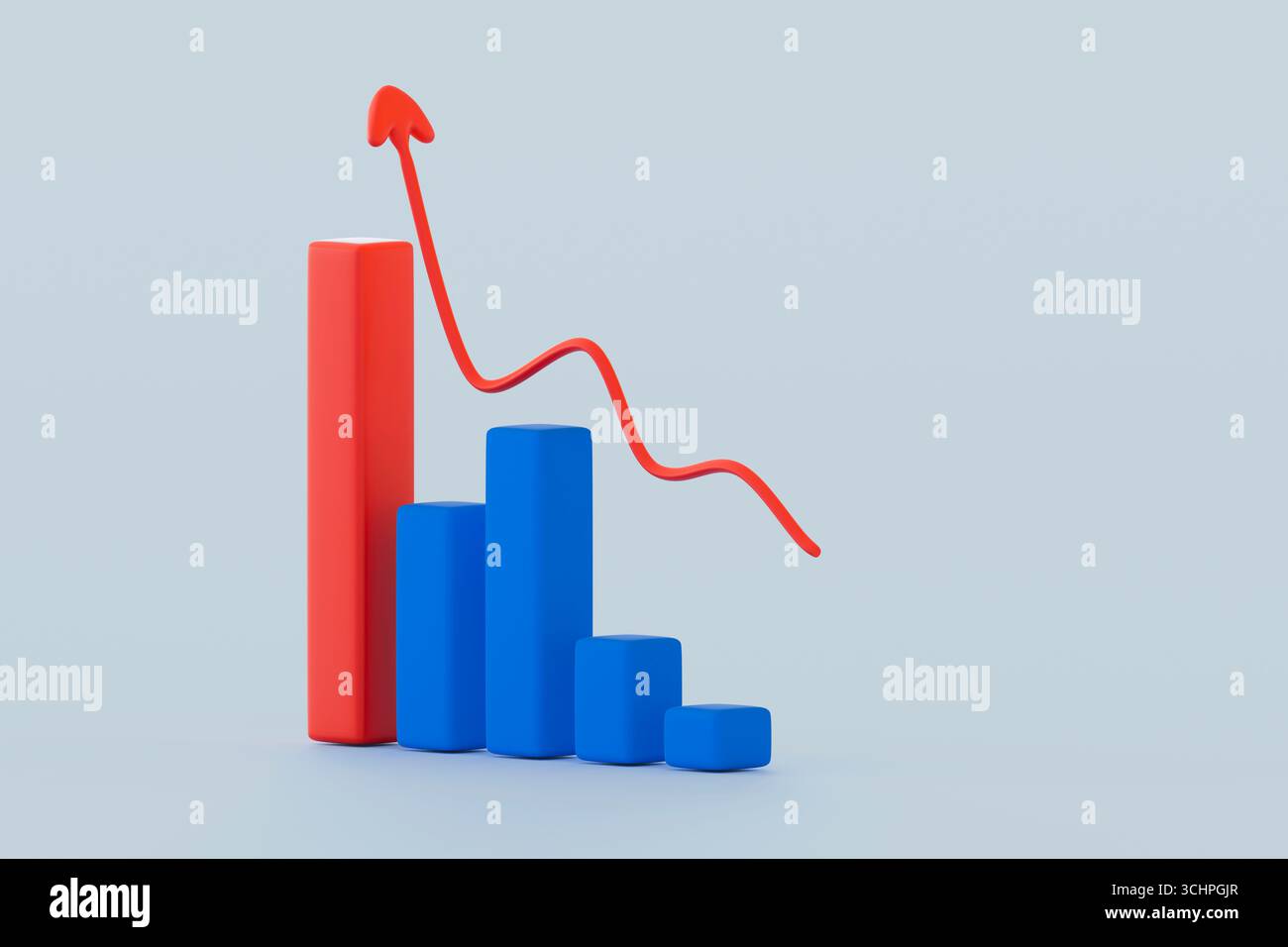 Illustration graphique 3D montrant une flèche rouge et des barres bleues décroissantes sur un fond clair, représentant la perte, le déclin ou la tendance négative. Banque D'Images