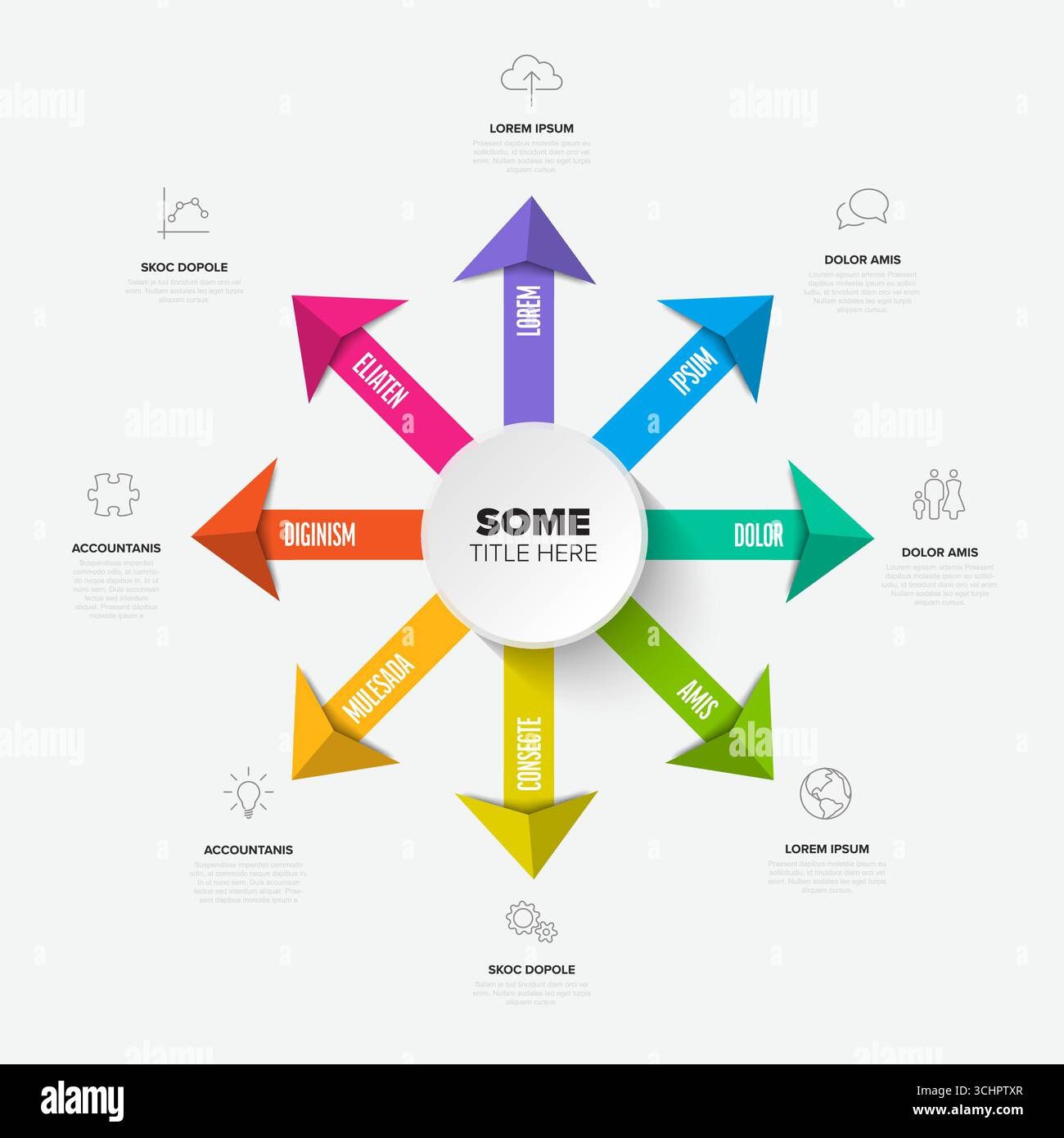 Un modèle infographique vibrant avec un cercle central et huit flèches colorées pointant vers l'extérieur. Cette infographie polyvalente est parfaite pour la présentation Illustration de Vecteur