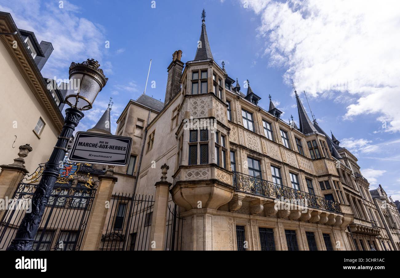 Vue en bas angle du Palais Grand Ducal à Luxembourg ville avec un lampadaire et un panneau de rue au premier plan Banque D'Images