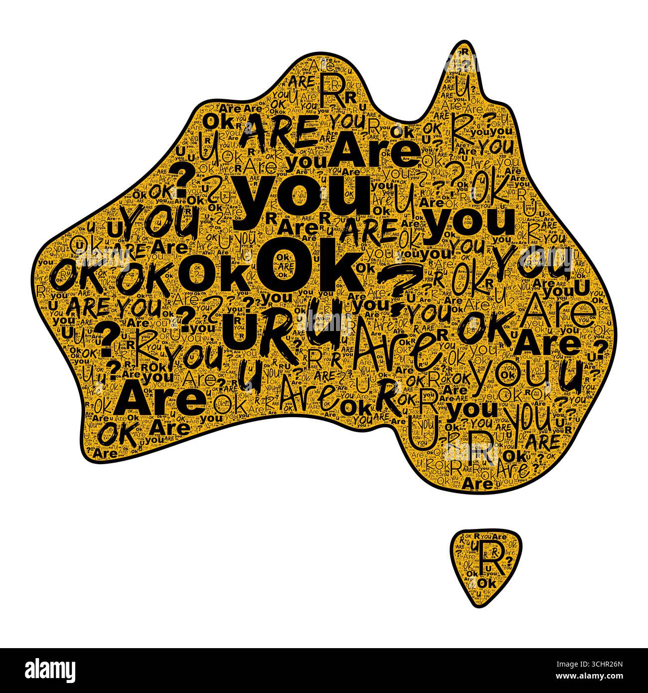 Êtes-vous OK nuage de mot dans la silhouette de carte Australie avec le type noir gras sur des icônes de fond blanc propre Banque D'Images