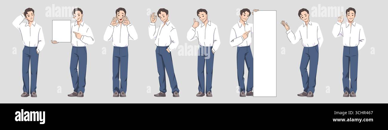 Homme en chemise. Beau homme d'affaires. Jeune homme debout en jeans. Employé d'affaires heureux montrant l'affiche. Expressions et gestes des émotions du visage. Employé de bureau professionnel. Jeu de poses vectorielles Illustration de Vecteur