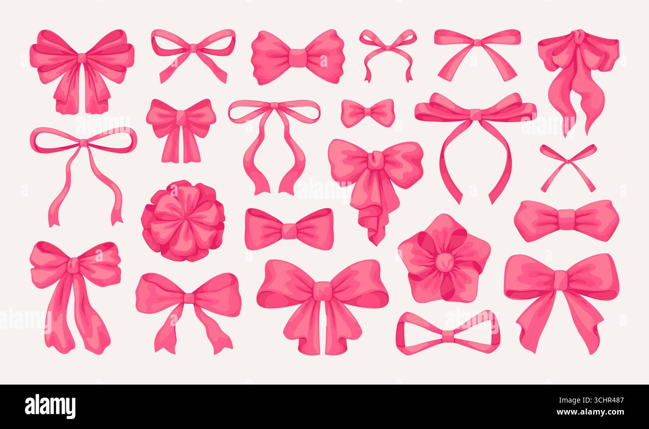 Arc cadeau. Ruban rose dessiné à la main. Mignon nœud noué vintage pour carte cadeau de vacances. Bandeau pour cheveux. bowknot satiné. Accessoire d'anniversaire. Noeud papillon décoratif. Ruban adhésif élégant. Ensemble d'éléments en soie de fille de conception vectorielle Illustration de Vecteur